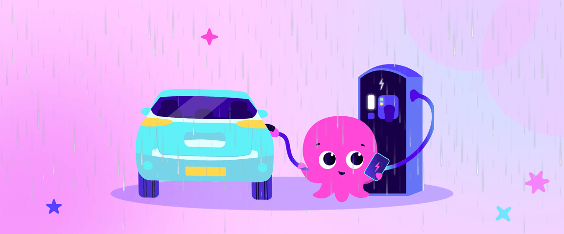 Une adorable pieuvre de dessin animé recharge une voiture électrique à une borne de recharge sous la pluie, sur un fond violet pastel parsemé d'étoiles.