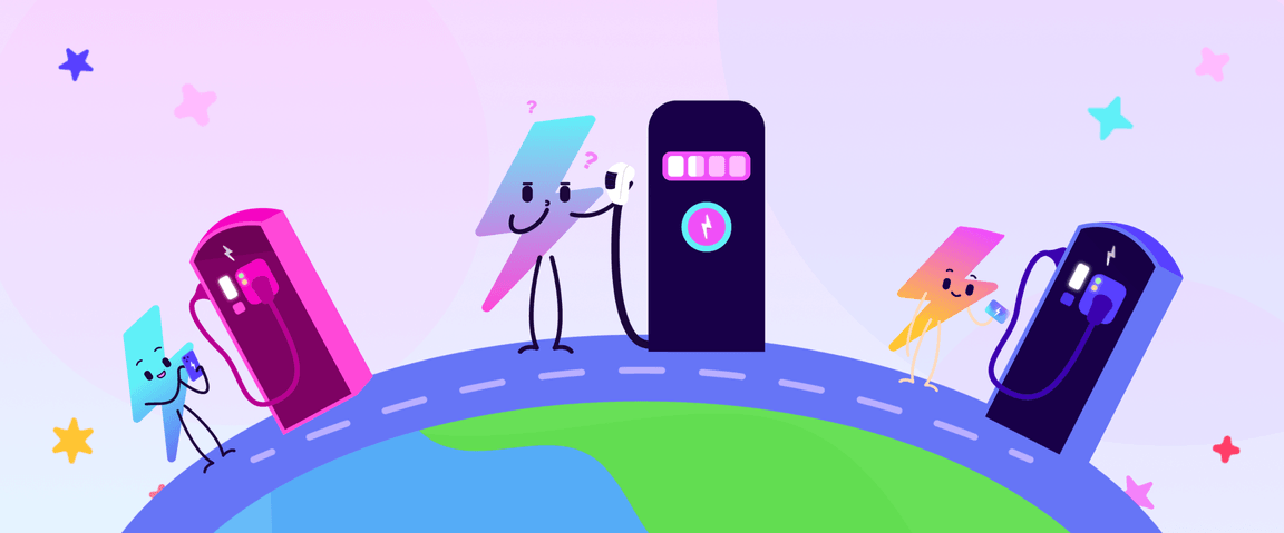 Trois mascottes Electroverse avec différents types de chargeurs pour véhicules électriques