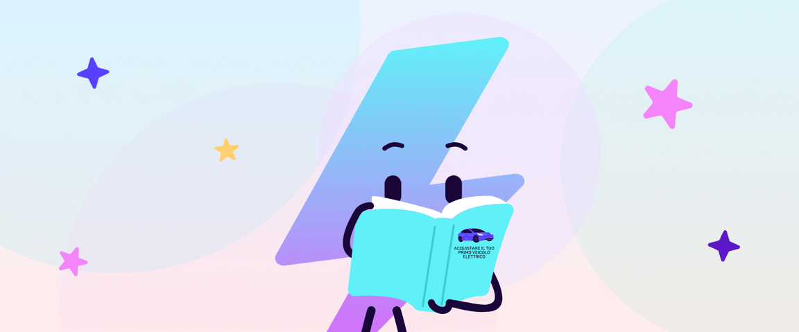 Un personaggio raffigurante un fulmine blu legge un libro intitolato "Auto elettriche per principianti" su uno sfondo pastello decorato con stelle.