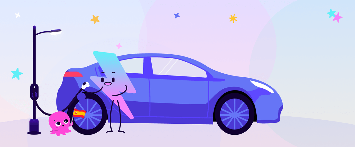 Personaje de dibujos animados cargando un automóvil eléctrico con un pulpo rosado sonriente cerca sosteniendo una bandera española, bajo un cielo estrellado.