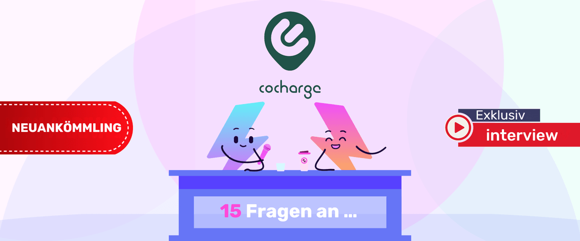 Zwei animierte Blitzfiguren sitzen an einem Schreibtisch unter dem „cocharge“-Logo. Text: „15 Fragen an…“ und „Exklusives Interview“.