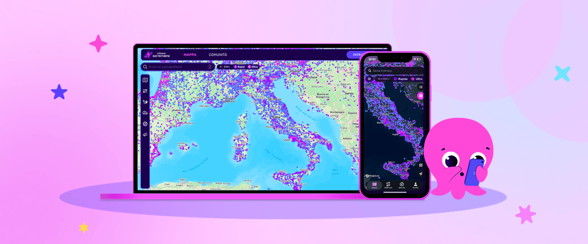 Su uno schermo di un computer portatile e di uno smartphone sono visualizzate mappe colorate delle stazioni di ricarica italiane su uno sfondo rosa, con un simpatico polpo rosa che tiene in mano un telefono lì vicino.