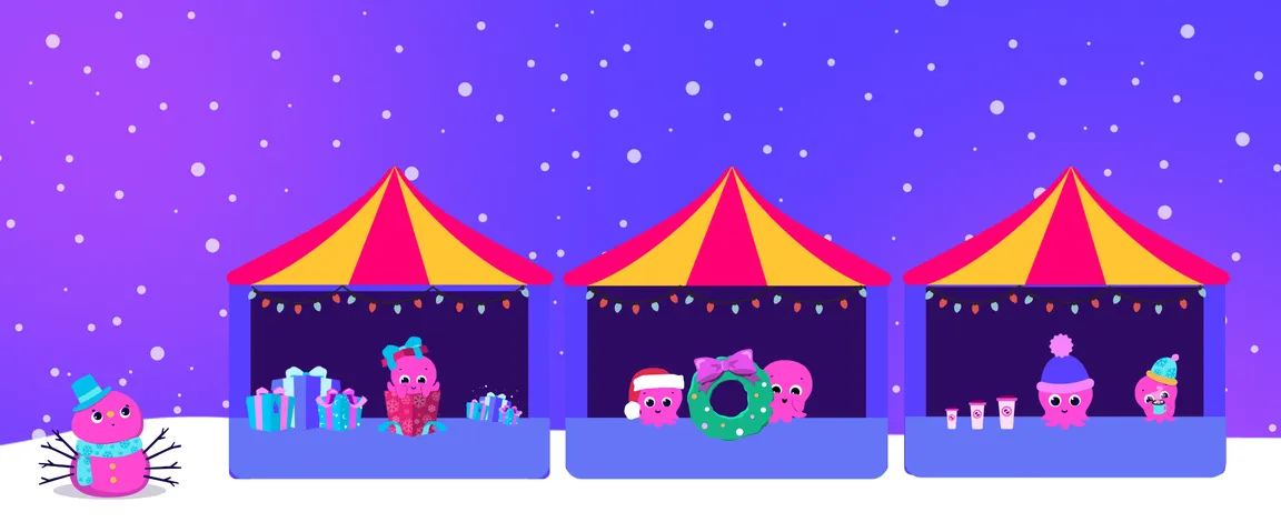 Colourful holiday tents with cartoon octopus characters, gifts, and a snowman in a snowy scene.