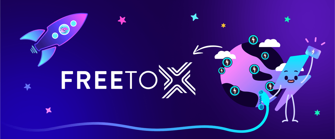 Illustrazione con un razzo, un globo terrestre e un personaggio che tiene in mano un telefono, collegati da un cavo. Il testo recita “FREE TO X” su sfondo viola.