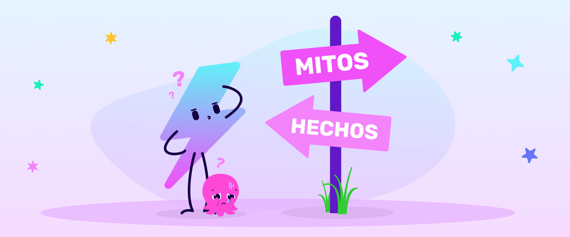 Ilustración de un personaje confundido y una pequeña criatura mediante dos flechas etiquetadas "MITOS" y "HECHOS" sobre un fondo pastel con estrellas.