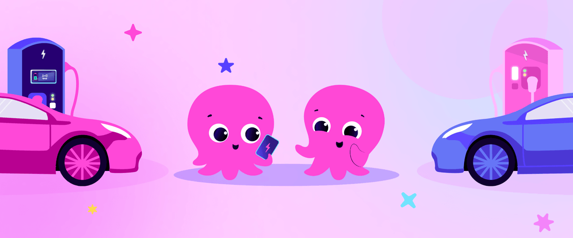 Two cute pink octopuses with a charging card between electric cars at charging stations, on a colourful gradient background.