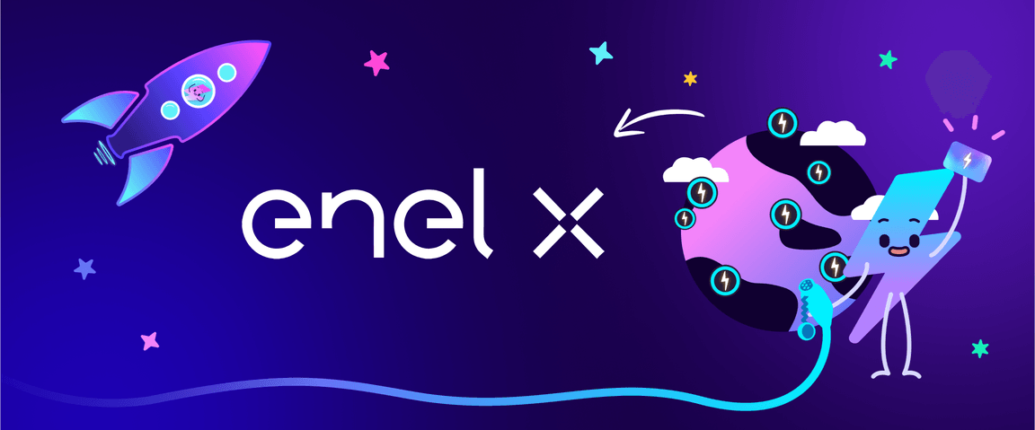 Illustrazione di un razzo, un globo terrestre e un personaggio sorridente con una spina su sfondo viola, con il logo “enel x”.