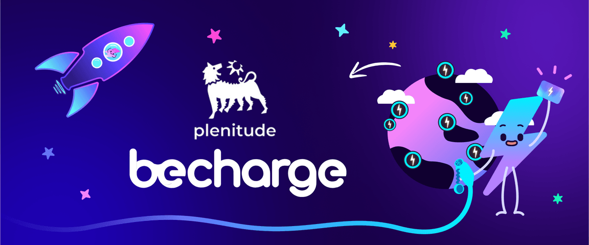 Illustrazione con un razzo, il logo Plenitude, il testo Becharge e un personaggio dei cartoni animati che ricarica un globo stilizzato su uno sfondo viola.