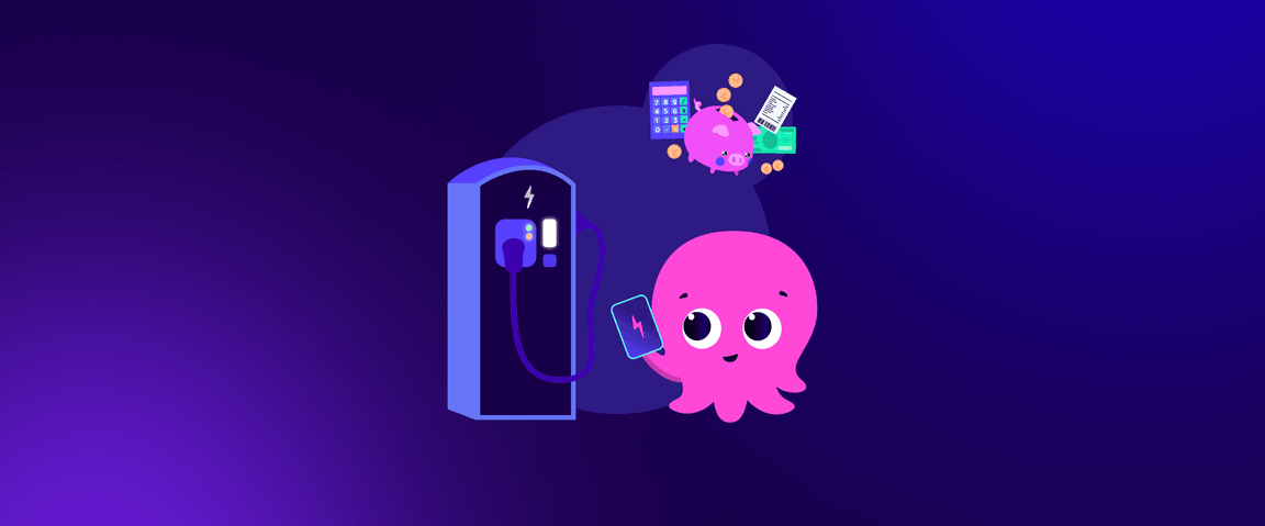 Un simpático pulpo rosa con una tarjeta de recarga junto a una estación de recarga de vehículos eléctricos, rodeado de iconos de monedas, billetes, una hucha y una calculadora.