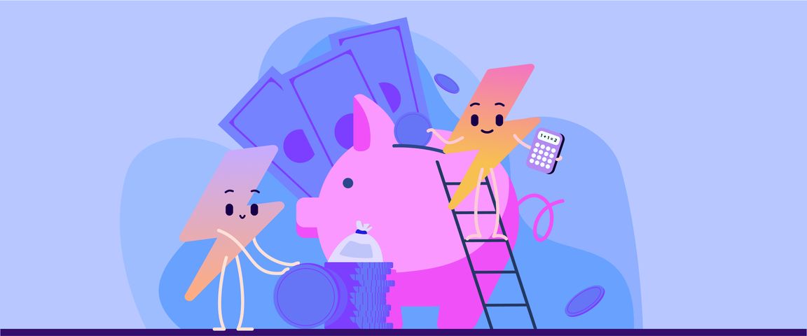 Two graphic lightning bolt characters one is rolling a coin towards a pile of coins and the other is climbing a ladder up a piggy bank stuffed with paper money