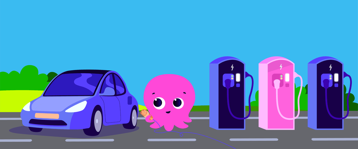 Un simpático pulpo rosa recarga un coche eléctrico azul en unas coloridas estaciones de recarga en un día soleado.