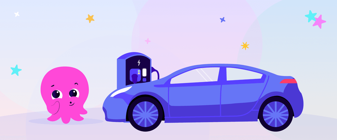 Une pieuvre rose de dessin animé à côté d'une voiture électrique bleue à une borne de recharge, avec des étoiles colorées en arrière-plan.