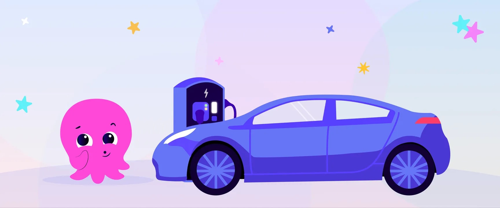 A pink cartoon octopus beside a blue electric car at a charging station, with colourful stars in the background.