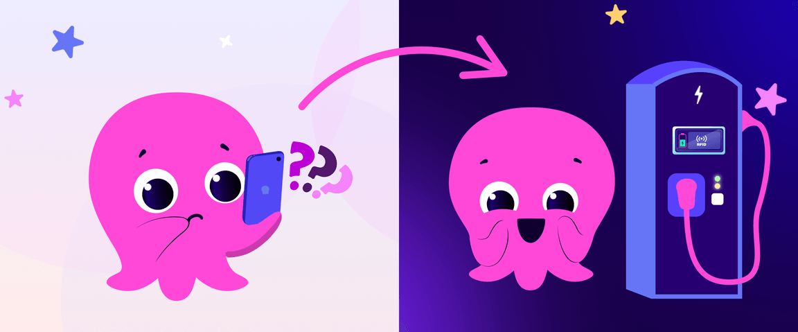 Pink octopus puzzled by phone; becomes happy near an electric charging station with stars in the background.