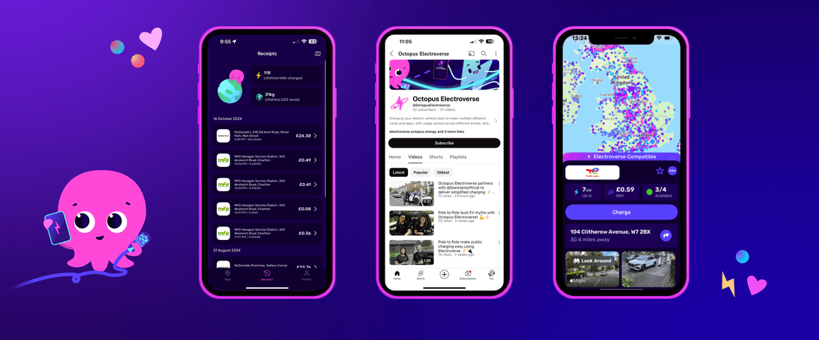 Three smartphones display different app screens on a purple background, featuring an octopus mascot and colorful icons.
