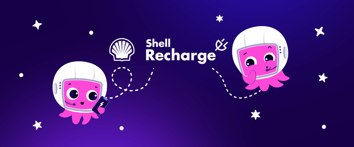 Two cartoon pink octopuses in space suits with Shell Recharge logo; one holds a charging plug. Stars on a dark blue background.