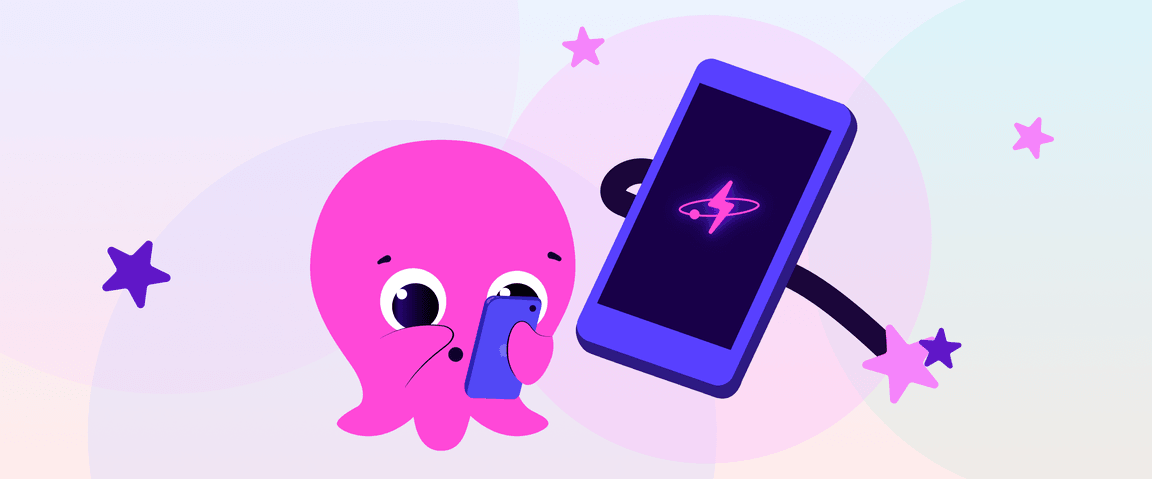 Une pieuvre rose de dessin animé tenant un smartphone à côté d'un téléphone plus grand arborant un logo Electroverse rose et lumineux, le tout entouré d'étoiles sur un fond pastel.