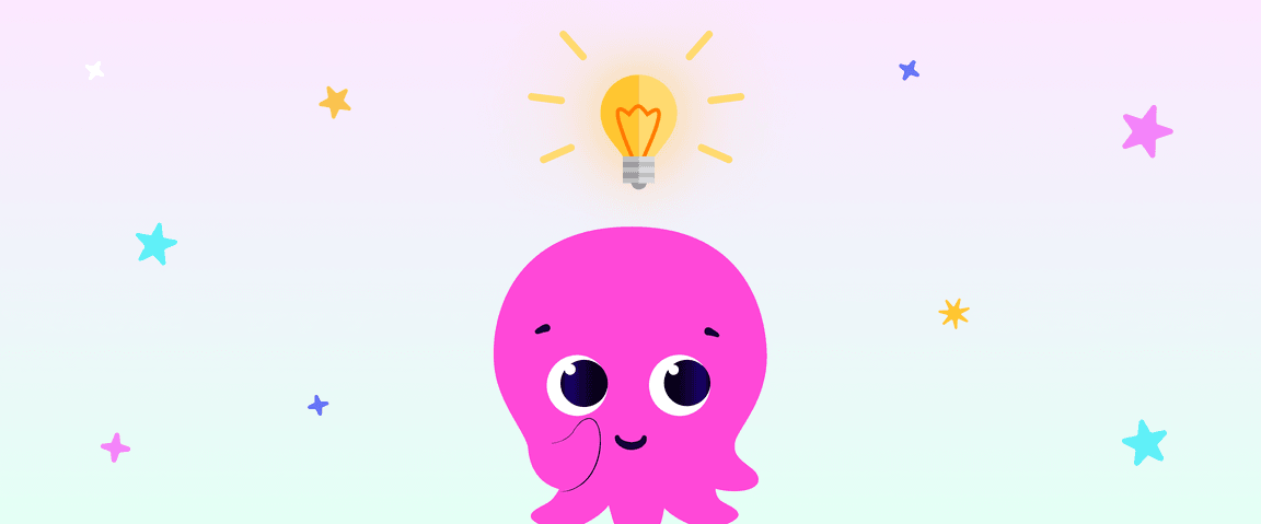 Une mignonne pieuvre rose aux grands yeux, souriant sous une ampoule lumineuse, entourée d'étoiles colorées sur un fond pastel.