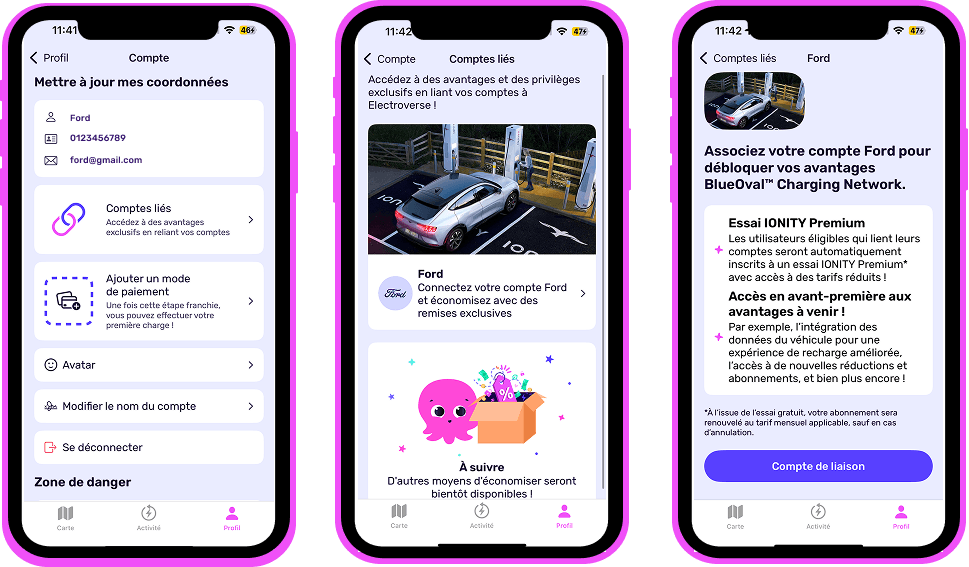Trois smartphones affichant l'application Octopus Electroverse et expliquant comment associer les comptes Ford Driver.
