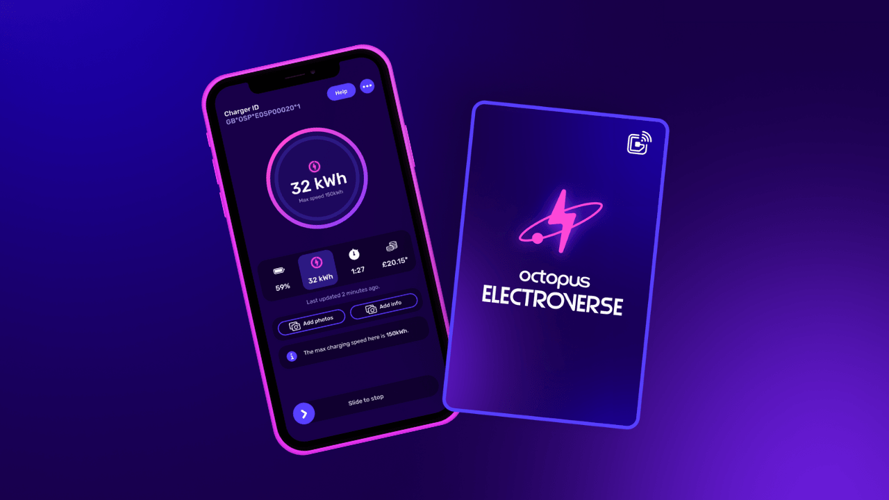 Smartphone displaying the Electroverse app charging interface with 32 kWh usage, next to a glowing card labeled "octopus ELECTROVERSE" on a dark background.