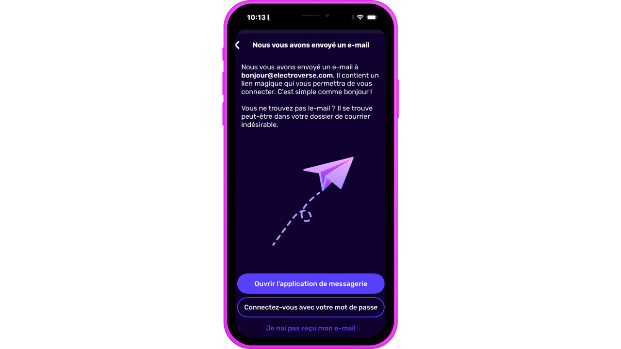 Écran de smartphone affichant un message de vérification par e-mail en français avec un graphique d'avion en papier et des boutons pour l'application de messagerie et la saisie du mot de passe.