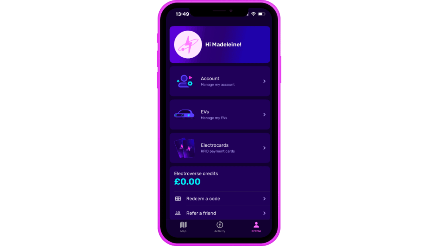Smartphone displaying the Electroverse app with options for managing account, EVs, RFID cards, credits, code redemption, and referrals. Dark purple theme.