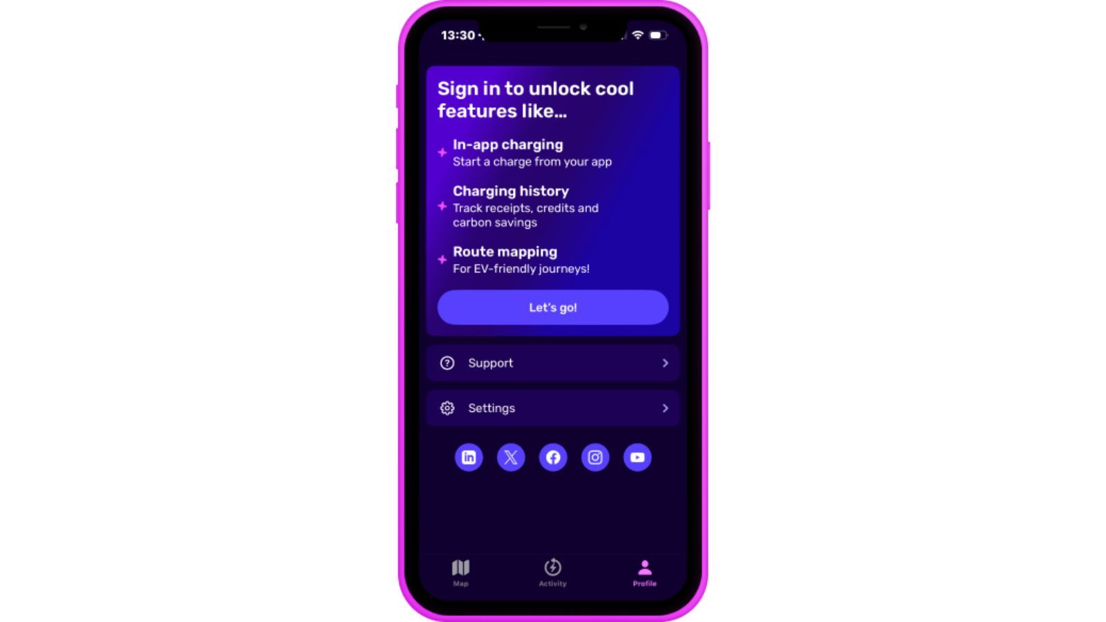 Smartphone screen showing a login page for the Electroverse app with features like in-app charging, charging history, and route mapping.