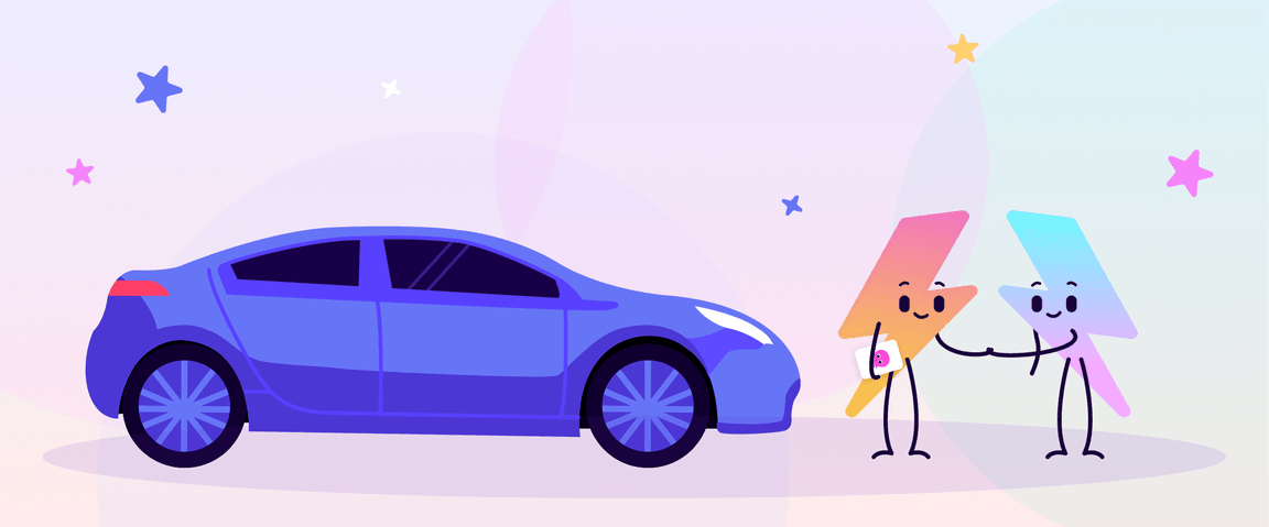 image shows Electric Universe mascot, Zapman, getting an electric car through the Octopus Salary Sacrifice Scheme