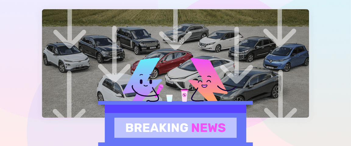 Graphic of Octopus Electroverse mascot, Zapman, interviewing a colleague about the price drop of used electric cars