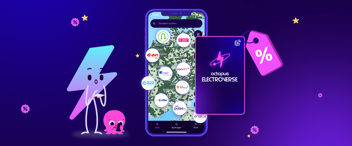 Abbildung eines Smartphones mit einer Karte mit Ladestationen, umgeben von animierten Figuren, einer Octopus Electroverse-Karte und einem Rabattsymbol auf violettem Hintergrund.