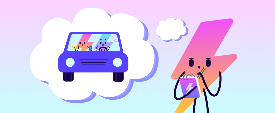 Desenho animado de uma pessoa a pensar num carro com duas personagens dentro, uma delas a conduzir. O fundo é um gradiente de rosa e azul.