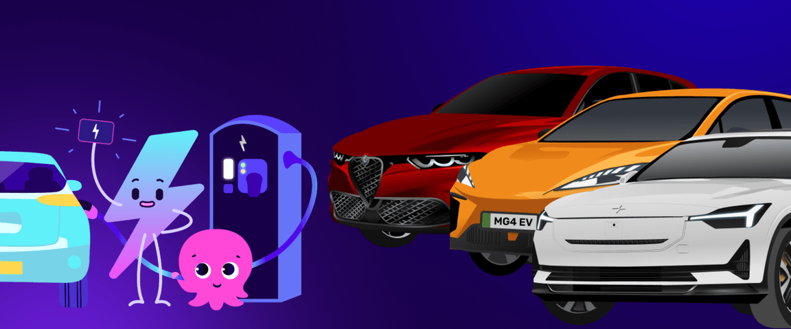 Personajes de dibujos animados junto a una estación de carga de automóviles eléctricos, con tres automóviles coloridos en el fondo sobre un fondo degradado azul.