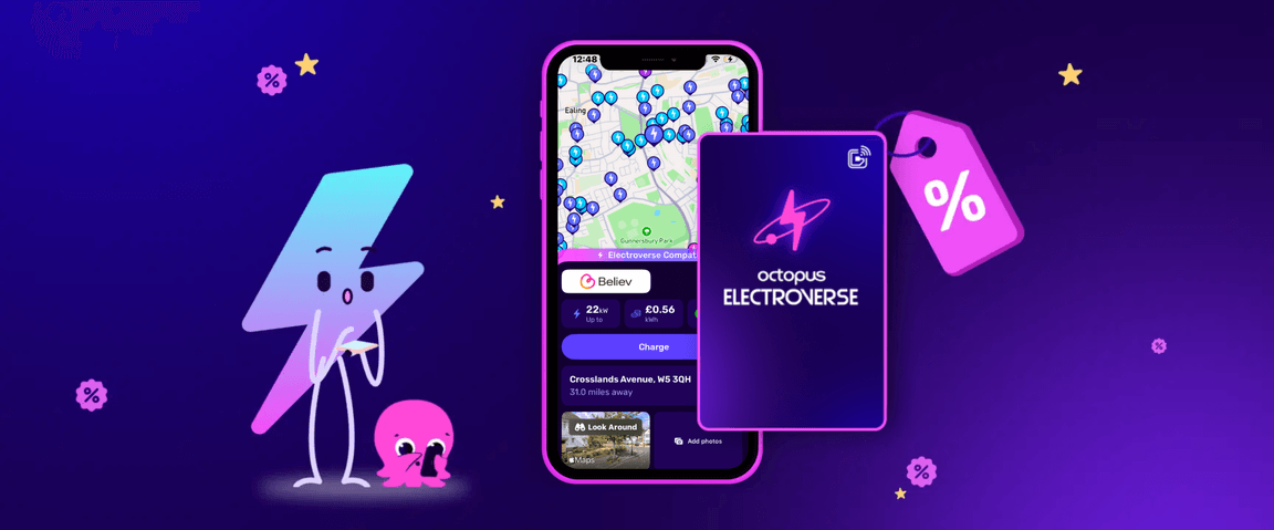 A smartphone displaying the Electroverse map with charging stations, accompanied by a cartoon lightning bolt and octopus, set against a purple background.