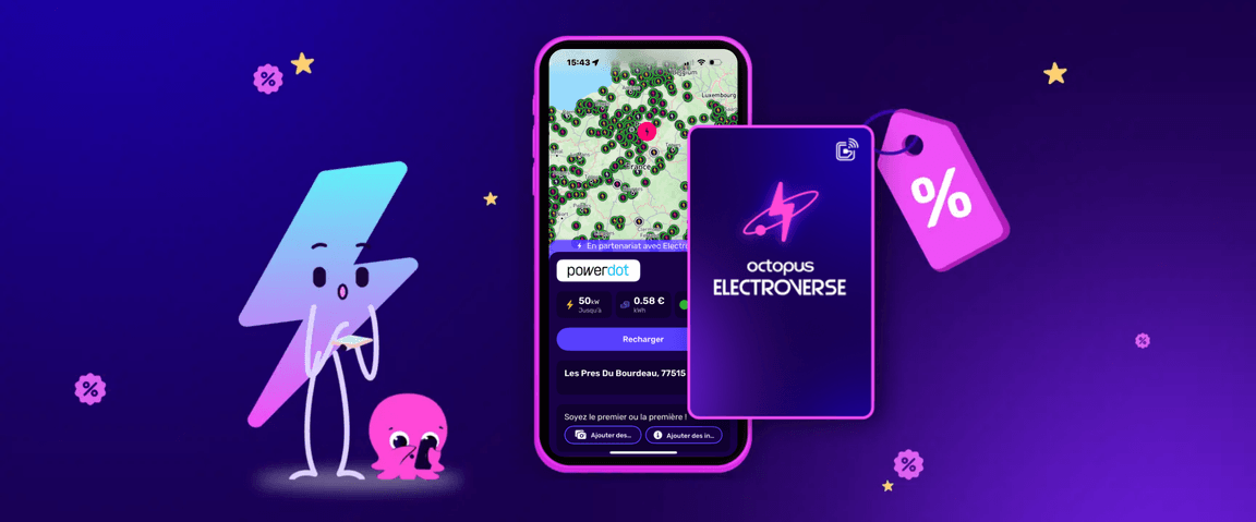 Illustration numérique colorée d'un smartphone affichant une carte et une carte intitulée « Octopus Electronverse », avec des graphismes ludiques d'étoiles et de personnages.