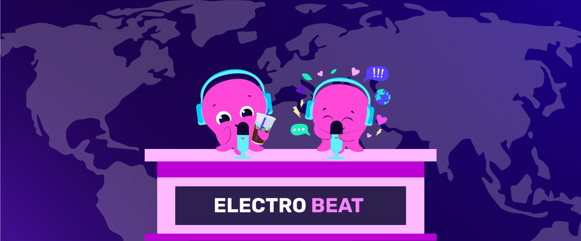 Two pink cartoon octopuses with headphones hosting "ELECTRO BEAT" at a desk with microphones, a drink, and a world map backdrop.