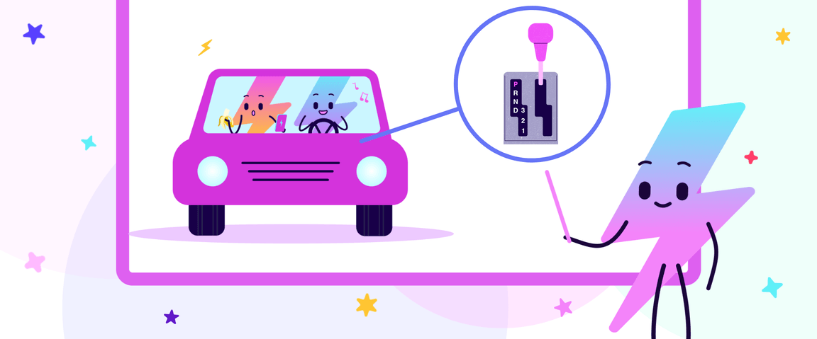 Das Maskottchen von Electroverse zeigt auf ein automatisches Elektroauto