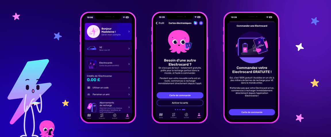 Trois téléphones rose fluo affichant une interface utilisateur violette pour une application de recharge de véhicules électriques, avec une mascotte pieuvre, un éclair et un fond étoilé.
