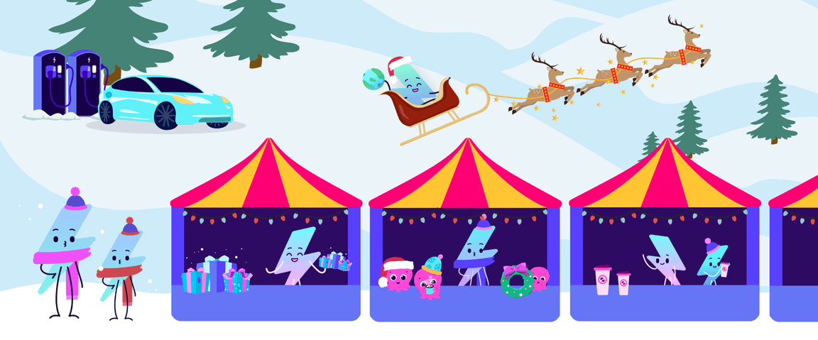 Scena festosa con personaggi dei cartoni animati in abiti invernali presso le bancarelle del mercato, una slitta con regali, renne, un'auto e alberi innevati sullo sfondo.