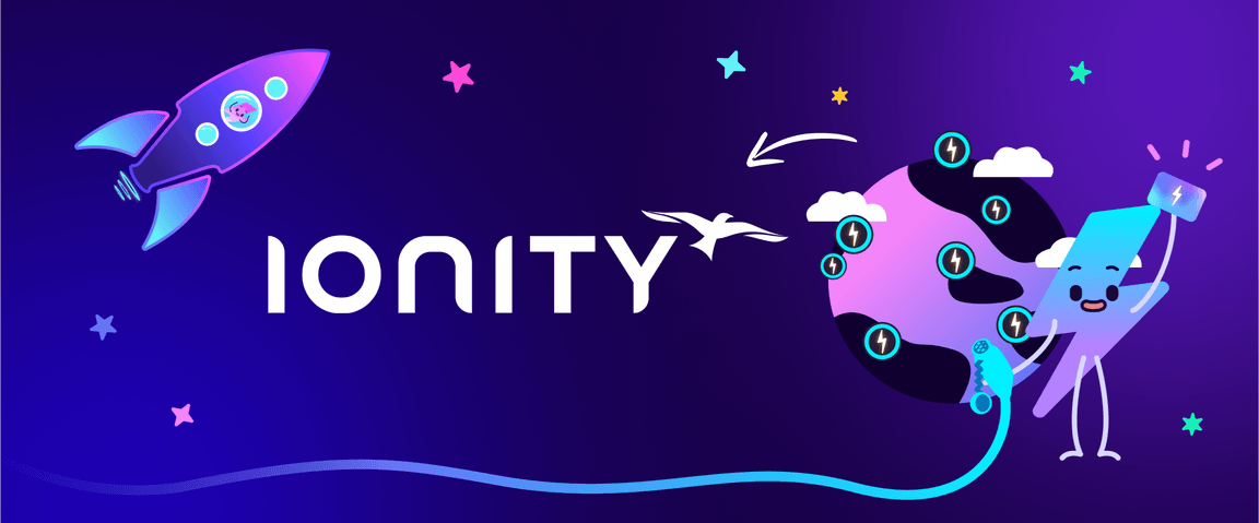 Un'illustrazione giocosa con un razzo, stelle e un personaggio che carica una Terra stilizzata, con il testo “IONITY” su sfondo viola.