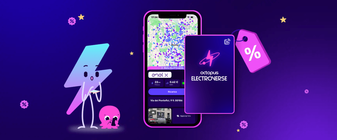 Un iPhone rosa con una mappa colorata all'interno, accanto a una carta Octopus Electroverse, una mascotte Electroverse a forma di fulmine e un polpo rosa. Uno sfondo viola.