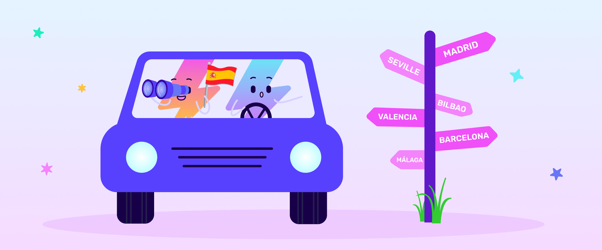Carro de desenho animado com passageiros entusiasmados, segurando binóculos e uma bandeira, perto de uma placa indicando cidades espanholas como Madrid e Barcelona.