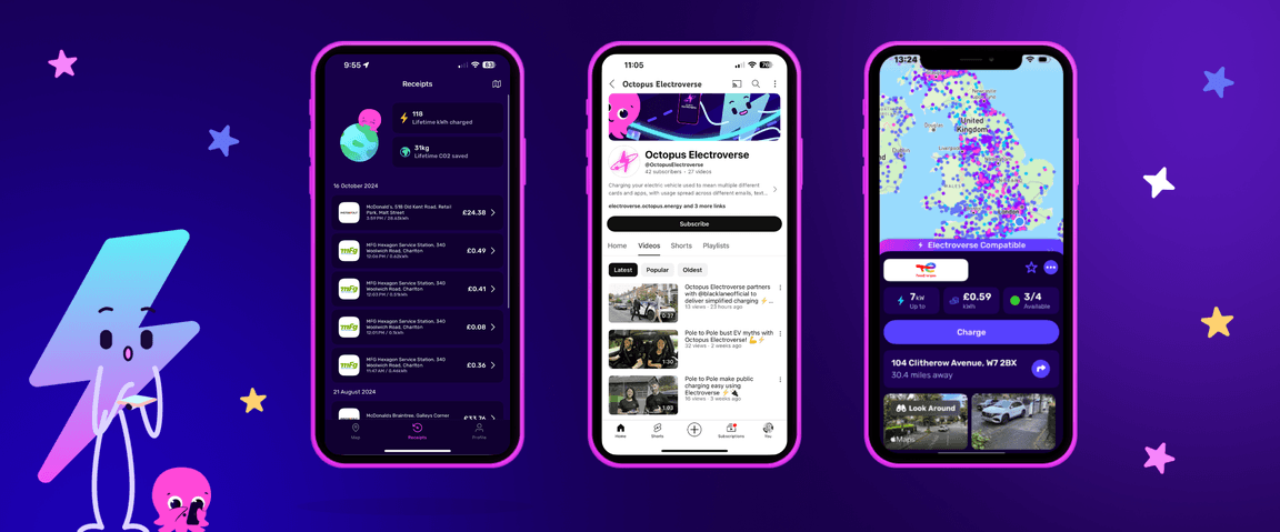 Three smartphone screens displaying apps with dark purple themes, featuring receipts, a YouTube channel, and a map with charging stations.