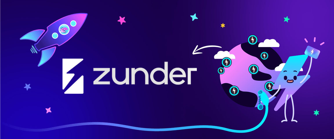Illustration of a rocket, earth with charging stations, and a cheerful character holding a plug, with "zunder" text on a purple background.