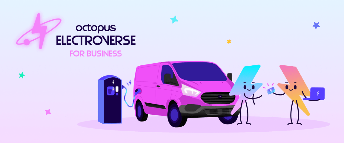 Two zap men in front of an electric van that is plugged into a public EV charger. One zap man is an employer handing an employee an electroverse RFID card and holding a laptop.