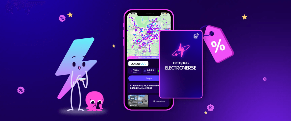 Un iPhone rosa con un mapa colorido en su pantalla junto a una tarjeta de carga Octopus Electroverse y rodeado de estrellas y mascotas electroverse, con un fondo morado.