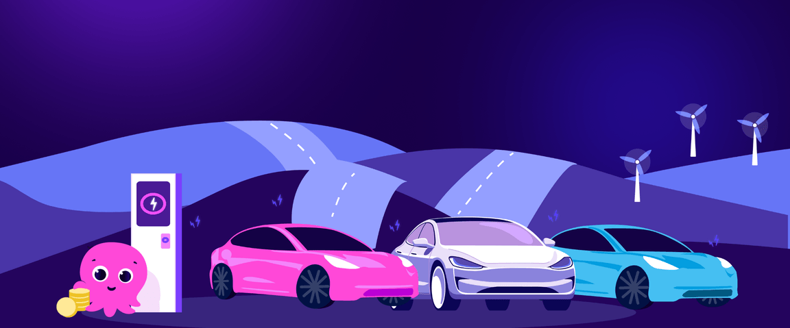 Cute pink Octopus next to a charging column alongside a pink car, a white car, and a blue car, with rolling hills in the back