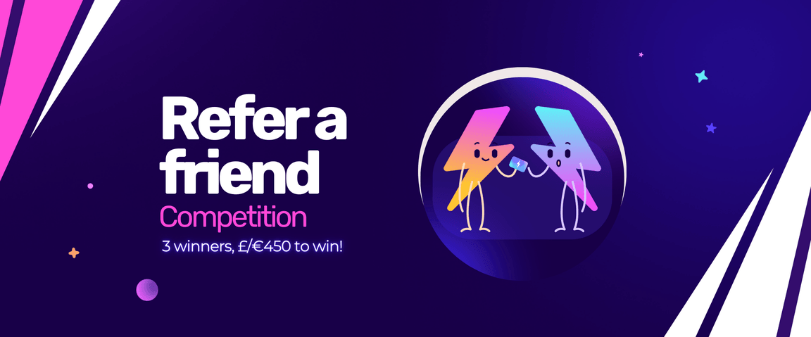 Refer a friend competition blog header with mascot passing card