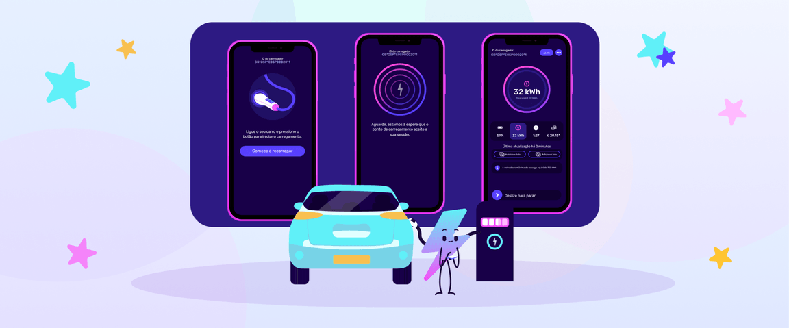 Ilustração de um carro a carregar através de uma aplicação em três smartphones, com uma personagem de desenho animado a apontar para uma estação de carregamento. Estrelas coloridas no fundo.