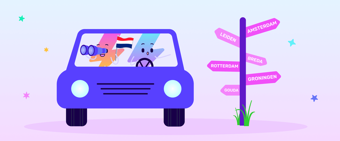 Illustrazione di un'auto elettrica, vicino a un cartello che indica città olandesi come Amsterdam e Rotterdam.