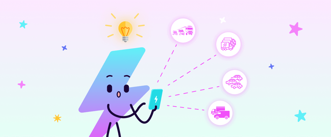 Graphic design of Octopus Electroverse lightning bolt mascot holding phone looking at different types of fleets